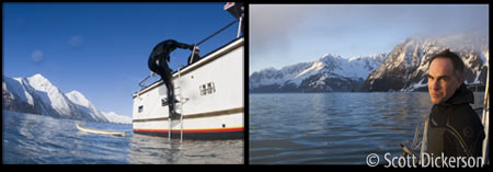 Surfers at Bear Glacier, Alaska.