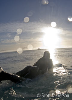 Alaska Surfer paddles into the sun.