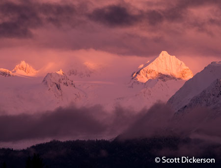 Sunset on Grewingk Glacier and the Kenai Mountains, Homer, Alaska.