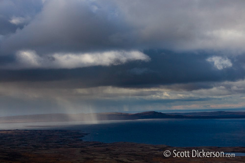 Aerial photo of a weather system moving over Kukaklek Lake, Katmai National Preserve, Alaska.