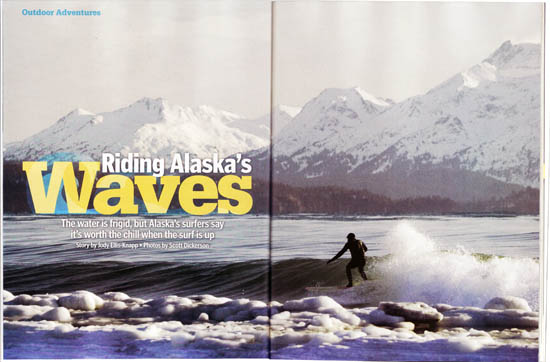 Alaska surfing photos by Scott Dickerson in Alaska Magazine.