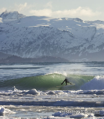 Photo of Alaskan surfer Gart Curtis surfing during the icy winter in Homer, Alaska.