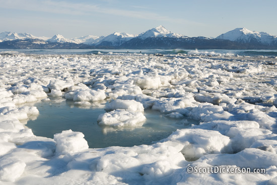 Photo of ice packed against the beach at a surf break in Homer, Alaska during winter.