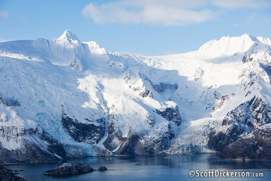 Aerial view of hanging glaciers in Northwestern Fjord, Alaska.