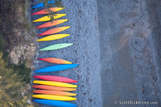 Aerial photo of kayaks on the beach