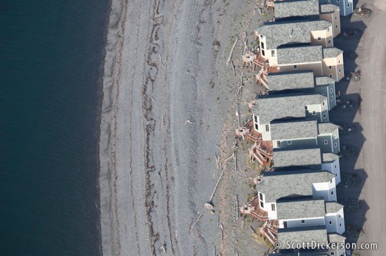 Aerial photo of condos on the Homer Spit beach in Alask