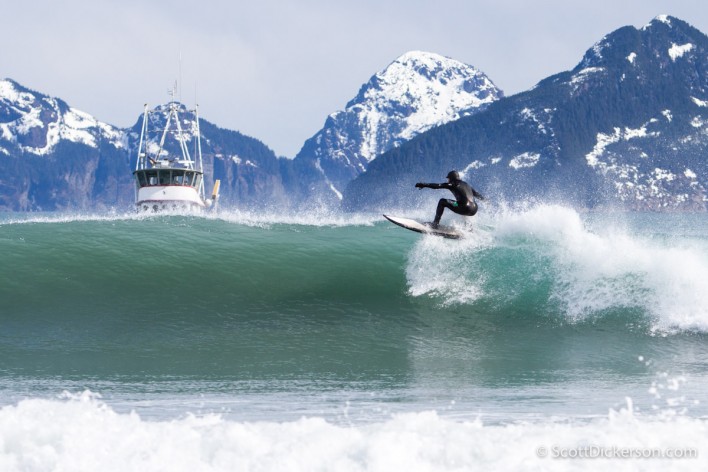 Eric Jackson surfing in Alaska.