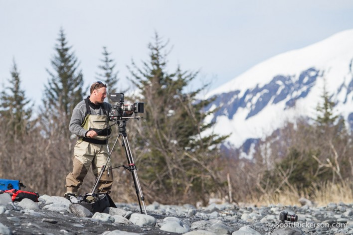 Gabe Langlios filming surfing in Alaska.