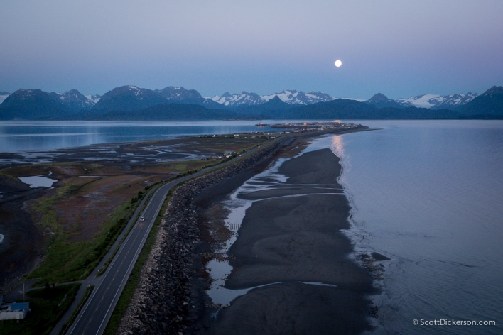 moonrise over the Homer Spit. Homer, Alaska. Aerial view.