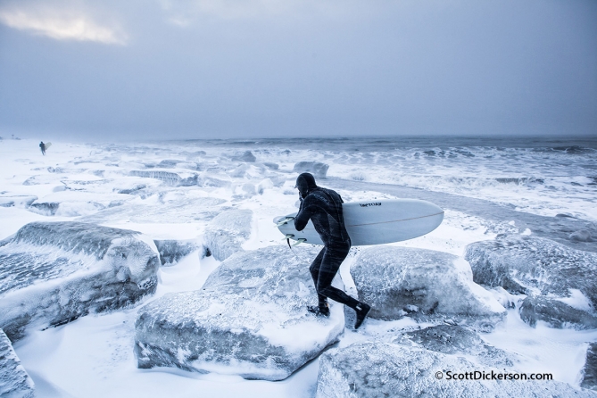 Gart Curtis surfing Alaska in winter.