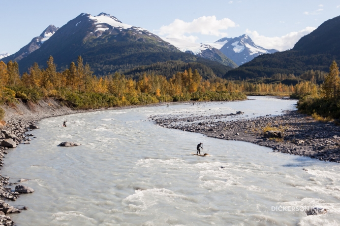 Standup paddleboarding on a glacial river in Alaska.