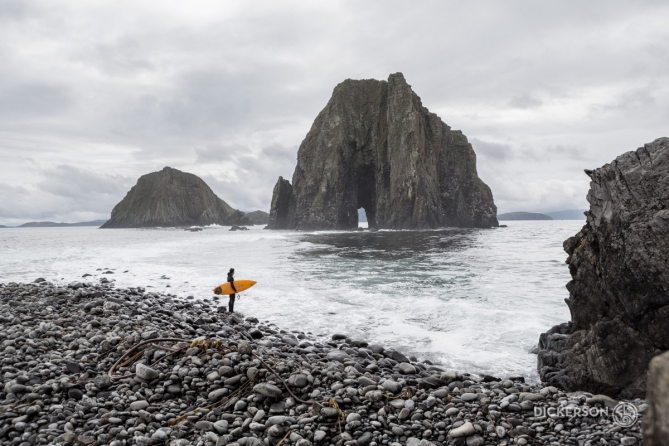 Dan Malloy surfing Alaska from the m/v Milo