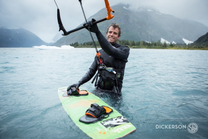 Jason Slezak, kitesurf ambassador for Patagonia, kiting in a glacial lake in Alaska.