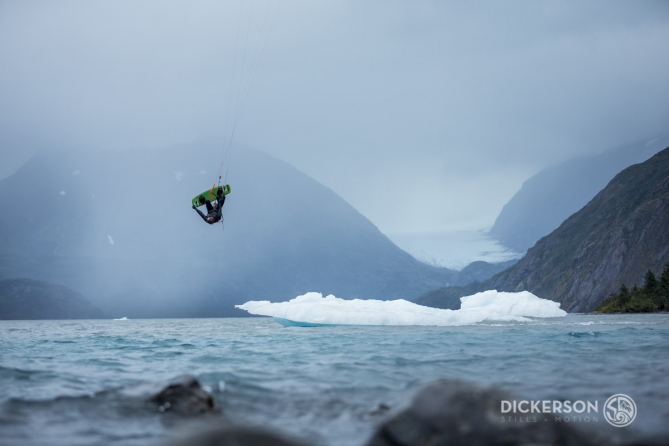 Jason Slezak, kitesurf ambassador for Patagonia, kiting in a glacial lake in Alaska.