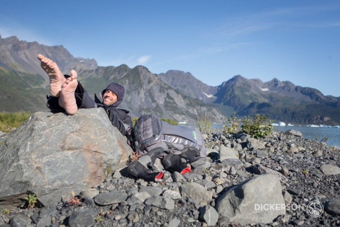 Patagonia kitesurfing ambassador Jason Slezak waiting on the wind in a remote glacial lake in Alaska.