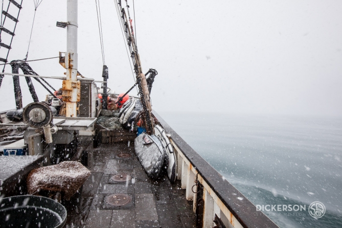 Winter surf trip aboard a commercial fishing boat in Alaska.