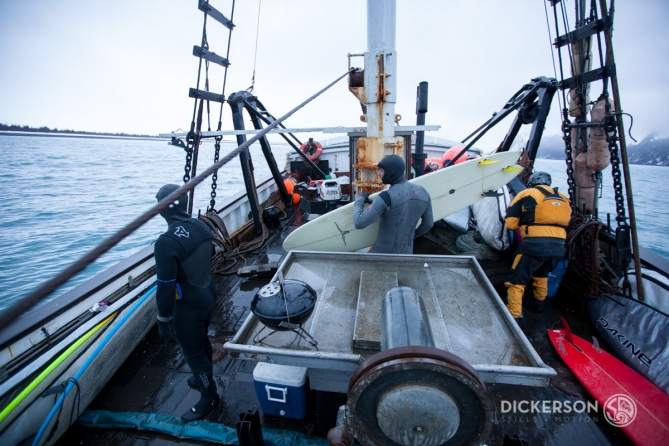 Winter surf trip aboard a commercial fishing boat in Alaska.