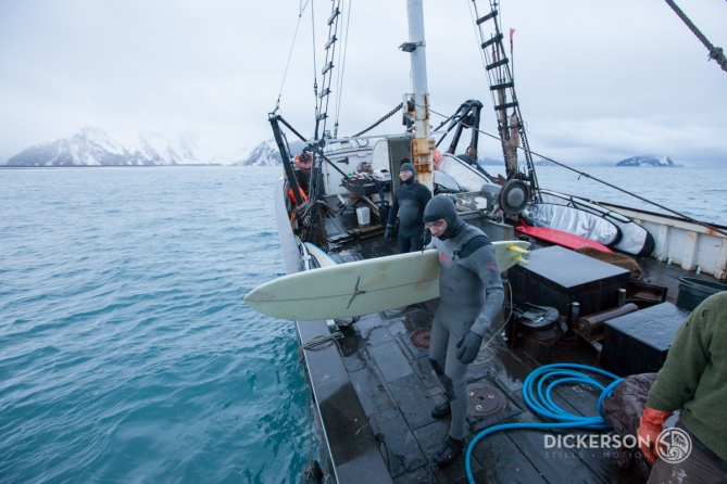 Winter surf trip aboard a commercial fishing boat in Alaska.