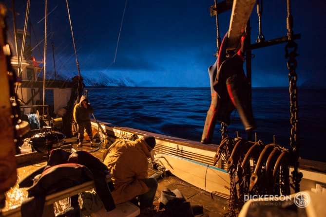 Winter surf trip aboard a commercial fishing boat in Alaska.