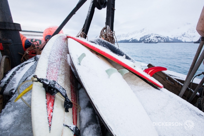 Winter surf trip aboard a commercial fishing boat in Alaska.