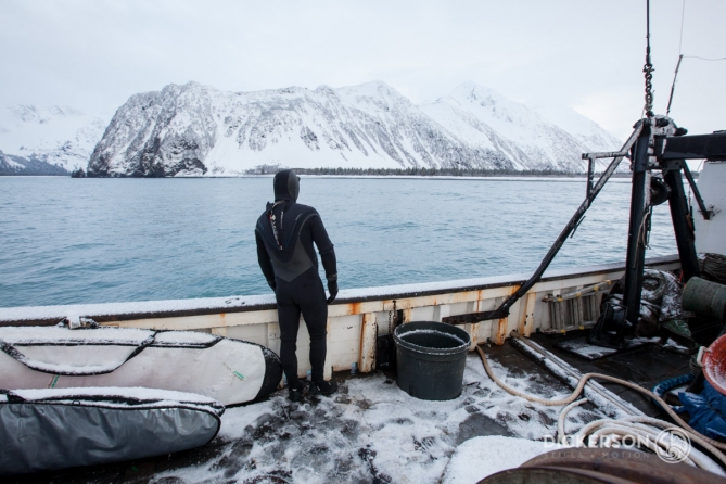 Winter surf trip aboard a commercial fishing boat in Alaska.