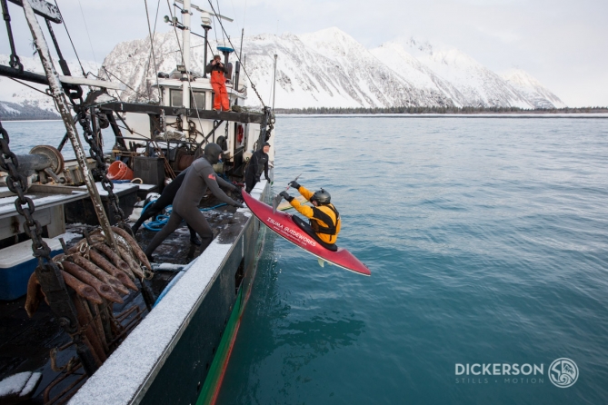 Winter surf trip aboard a commercial fishing boat in Alaska.