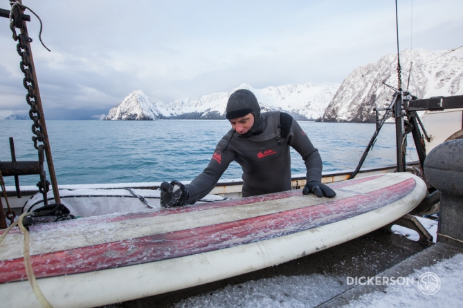 Winter surf trip aboard a commercial fishing boat in Alaska.